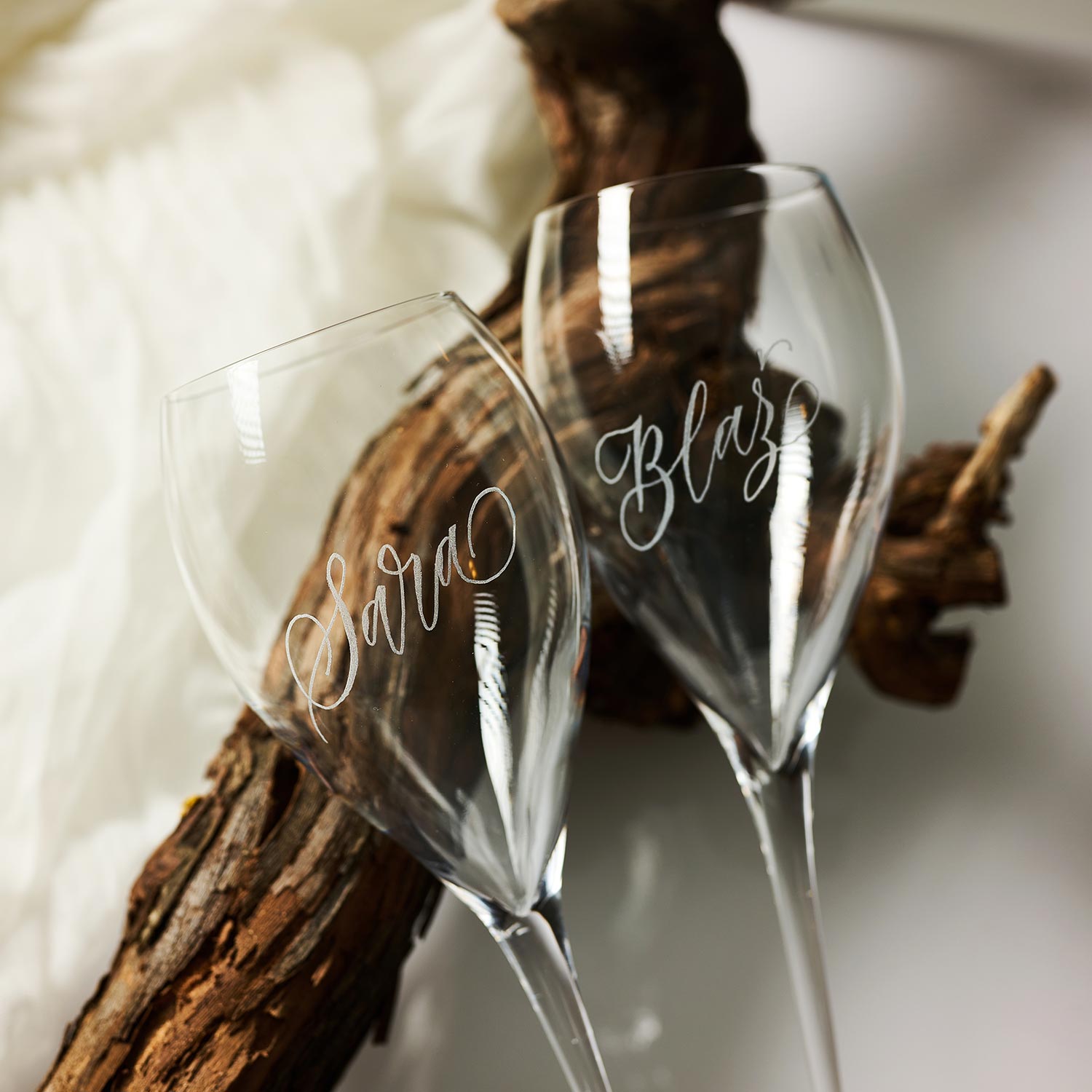 Wedding champagne glasses (with names and greeting) - hand calligraphy (engraved)